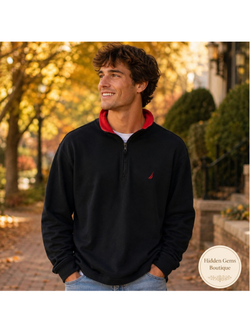 Men's Nautica Quarter-Zip Pullover Sweater XL Black and Red